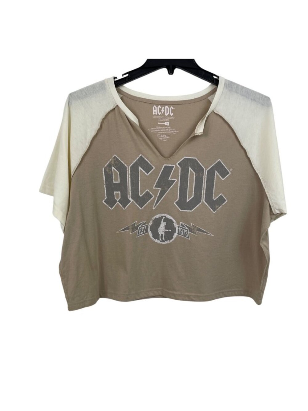 AC/DC Graphic Print Cropped Notch Tee Beige & White Womens Size 1X